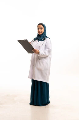 Saudi Female Doctor in White Coat with Clipboard