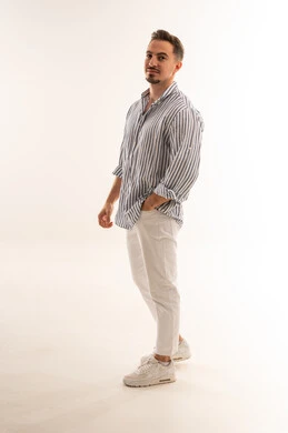 Saudi Man in Casual Striped Shirt Studio Portrait