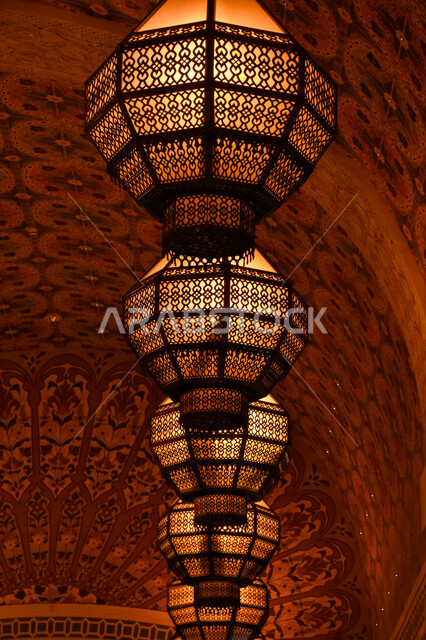 Close-up of Ramadan lanterns hanging on the ceiling inside Ibn Battuta Mall, Dubai, United Arab Emirates, Ramadan decorations, Islamic inscription, Islamic arts, Islamic motifs