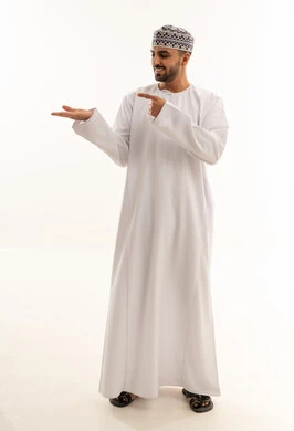Omani Man in Traditional Dishdasha Pointing to Palm