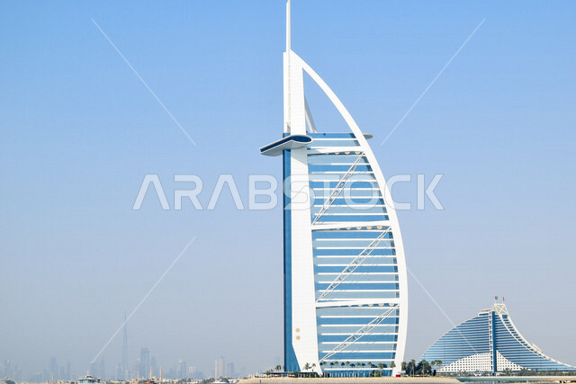 Aesthetic image of Burj Al Arab overlooking the Arabian Gulf in the Emirate of Dubai in the United Arab Emirates, tourism in the Emirates, architectural art in the Emirates, Burj Al Arab, skyscraper, famous tourist attractions in the Emirates