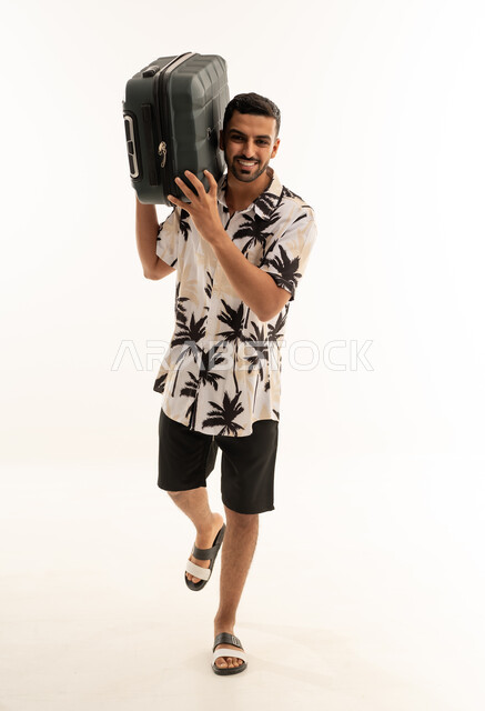 Arab Man Traveler with Suitcase on White Background