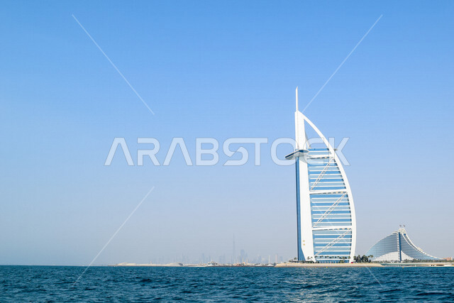 Aesthetic image of Burj Al Arab overlooking the Arabian Gulf in the Emirate of Dubai in the United Arab Emirates, tourism in the Emirates, architectural art in the Emirates, Burj Al Arab, skyscraper, famous tourist attractions in the Emirates