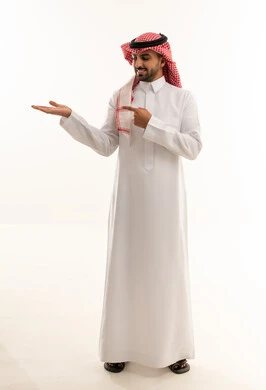 Saudi Man in Traditional Thobe Pointing at Open Hand