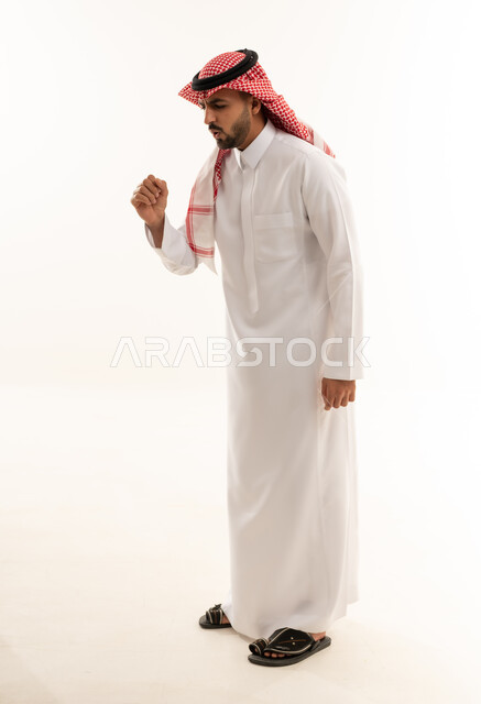 Saudi Man in Traditional Thobe Coughing on White Background