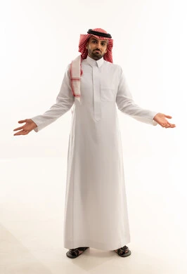 Saudi Man in Traditional Thobe Gesturing on White Background