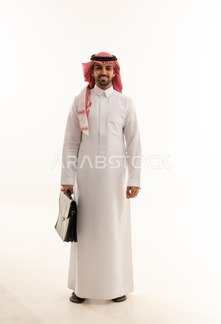 Saudi Businessman Holding Briefcase on White Background