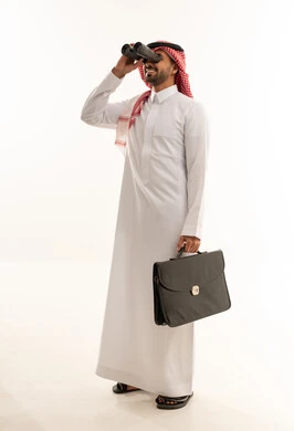 Saudi Businessman in Thobe Using Binoculars
