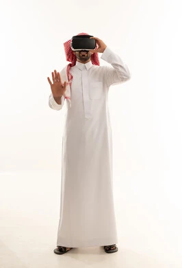 Saudi Man Using Virtual Reality VR Headset White Background