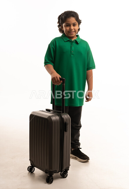 Saudi Boy with Travel Suitcase on White Background