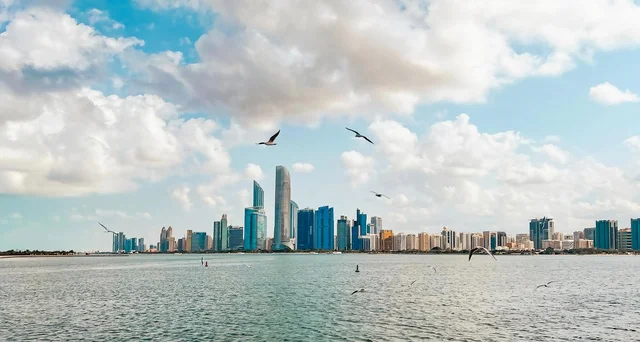 أفق مدينة أبو ظبي مع طيور النورس وناطحات السحاب