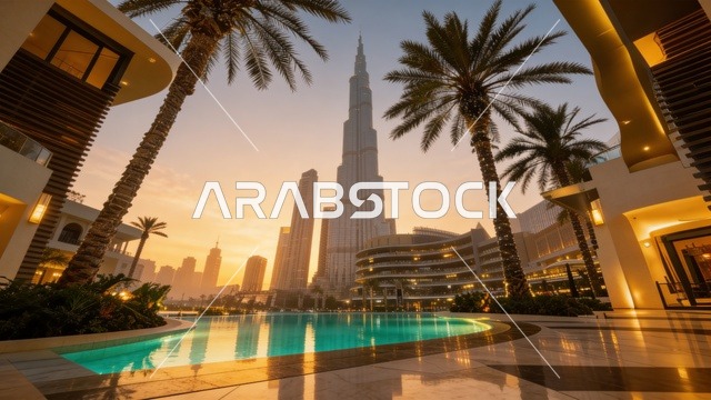برج خليفة وفندق بالاس وسط مدينة دبي وقت الغروب