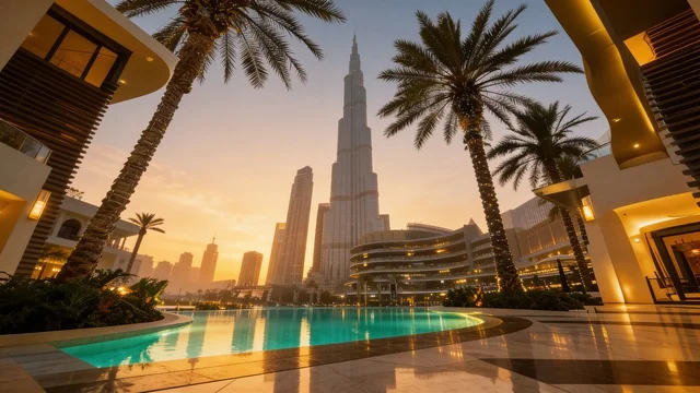 برج خليفة وفندق بالاس وسط مدينة دبي وقت الغروب