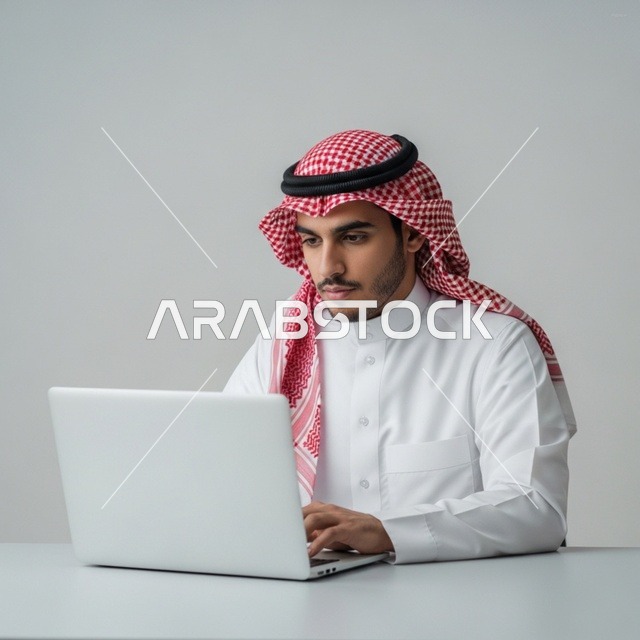 رجل سعودي محترف يعمل على جهاز لابتوب