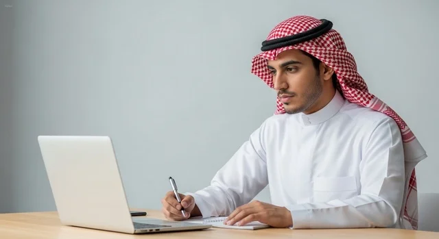 Saudi Man Writing in Notebook with Laptop at Desk