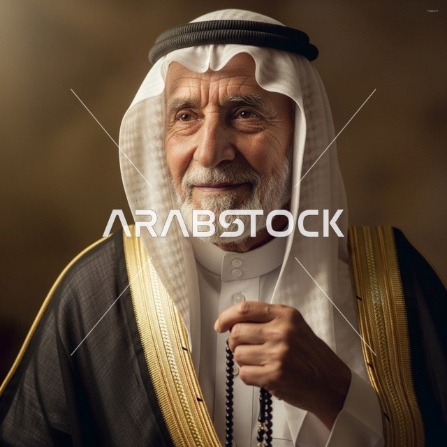 Elderly Saudi Man in Traditional Bisht and Prayer Beads
