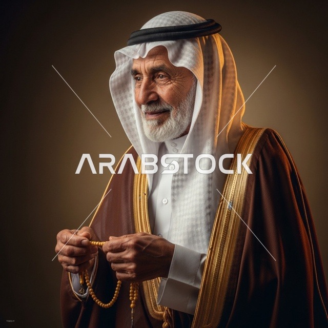 Elderly Saudi Man in Brown Bisht with Prayer Beads