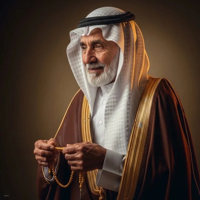 Elderly Saudi Man in Brown Bisht with Prayer Beads