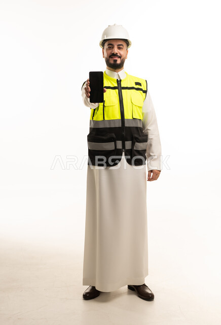 Saudi Engineer Holding Smartphone with Blank Screen