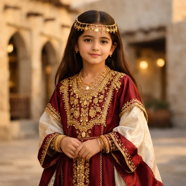 Qatari Girl in Traditional Nashal Dress with Gold Jewelry