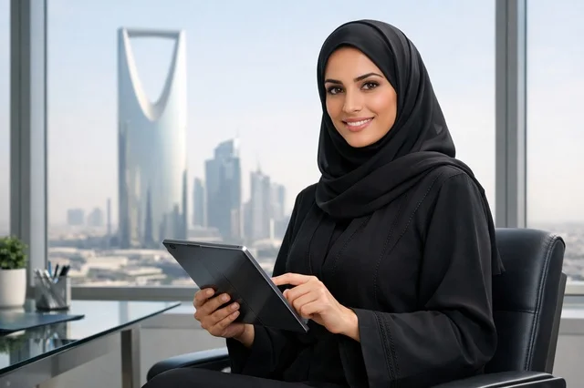 سيدة أعمال سعودية في مكتب بالرياض مع جهاز لوحي