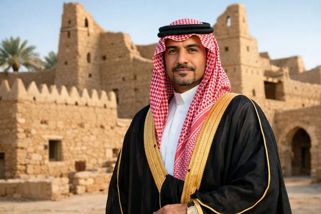 رجل سعودي بالبشت التقليدي في موقع تراثي تاريخي