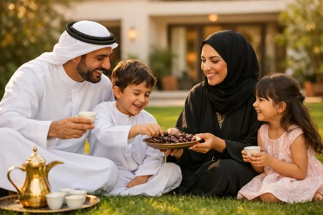 عائلة إماراتية تتناول التمر في الحديقة وقت الغروب