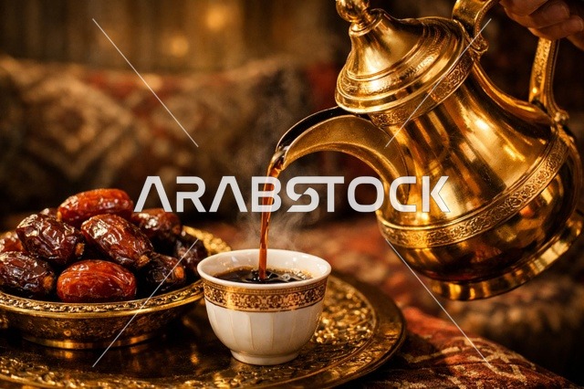 Arabic Coffee Dallah and Dates in Luxury Majlis