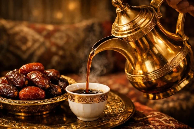 Arabic Coffee Dallah and Dates in Luxury Majlis Arabic Coffee Dallah and Dates in Luxury Majlis