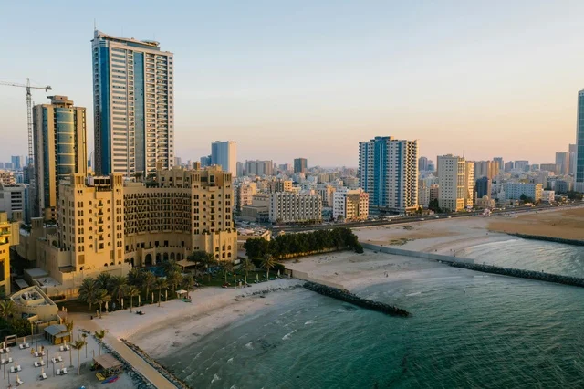 Dubai North Coast Skyline and Beach Aerial View