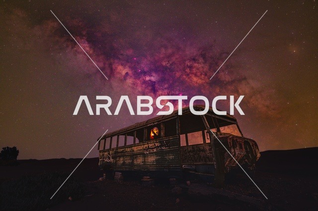 Milky Way Galaxy Over Abandoned Bus Near Riyadh