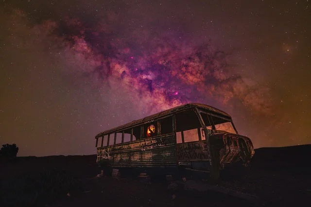 Milky Way Galaxy Over Abandoned Bus Near Riyadh