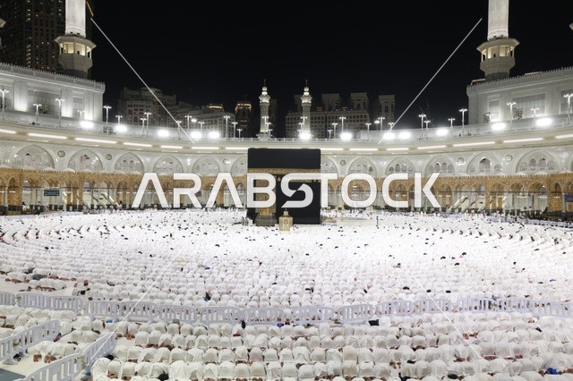 Muslim Pilgrims Prayer at Kaaba Mecca Mosque Night