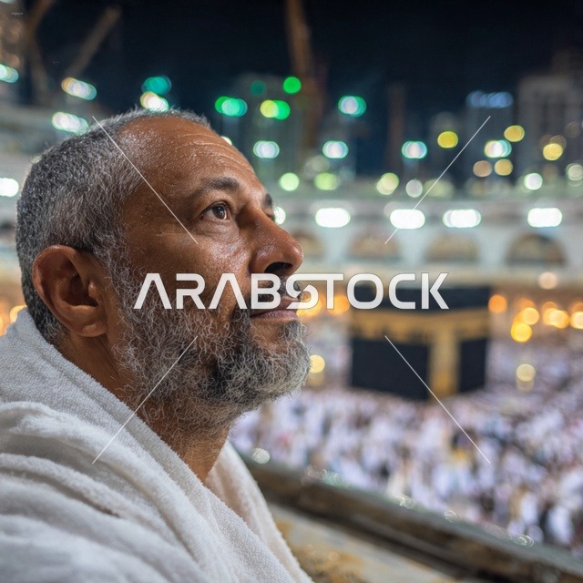 حاج مسلم عند الكعبة في المسجد الحرام بمكة