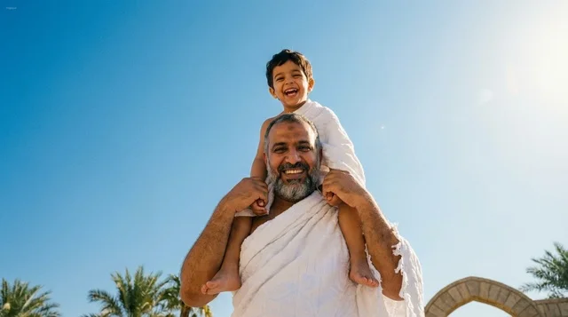 Muslim Man Carrying Son in Ihram Under Blue Sky