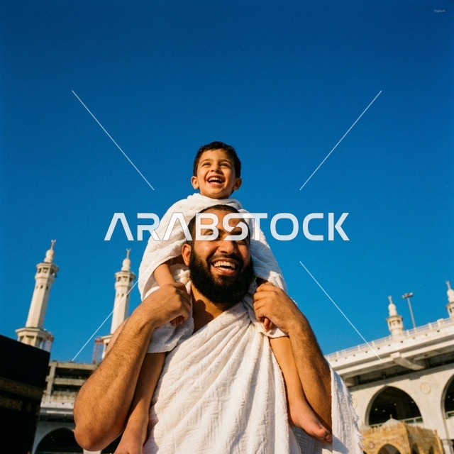 أب يحمل ابنه بملابس الإحرام في المسجد الحرام