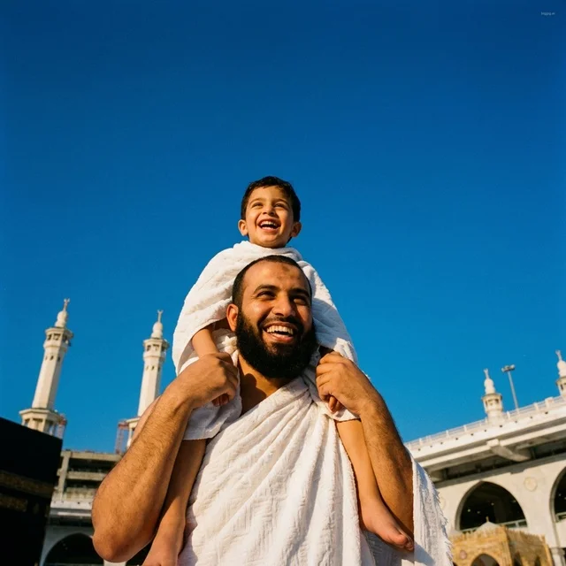 Father Carrying Son in Ihram at Masjid Al Haram