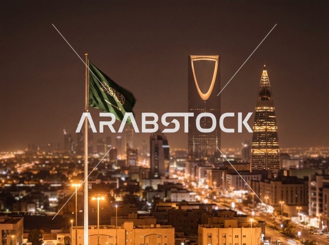 أفق مدينة الرياض مع علم السعودية ومعالم برج المملكة ليلاً