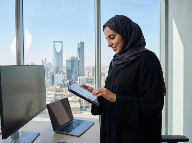 Saudi Businesswoman Riyadh Office Skyline View