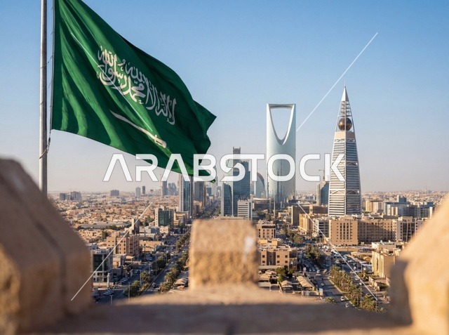أفق مدينة الرياض مع علم المملكة العربية السعودية