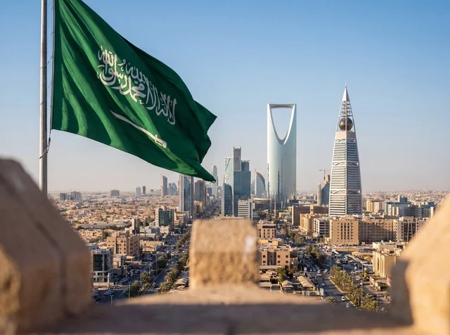 Riyadh City Skyline with Saudi Arabian Flag