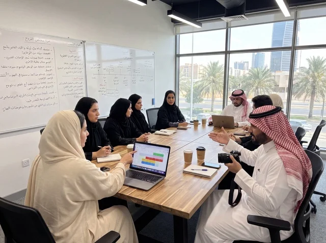 اجتماع فريق عمل سعودي في بيئة مكتبية حديثة