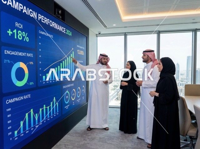 Saudi Professionals Analyzing Digital Data in Modern Office