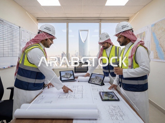 مهندسون سعوديون يراجعون مخططات هندسية في مكتب بالرياض