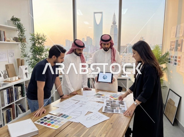 فريق عمل سعودي في مكتب بالرياض مع إطلالة المدينة