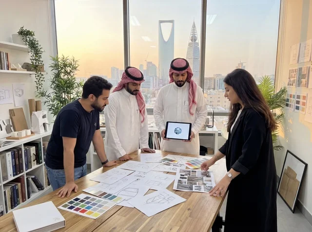 فريق عمل سعودي في مكتب بالرياض مع إطلالة المدينة