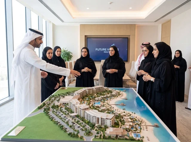 فريق عمل سعودي يناقش مجسم عقاري في مكتب حديث