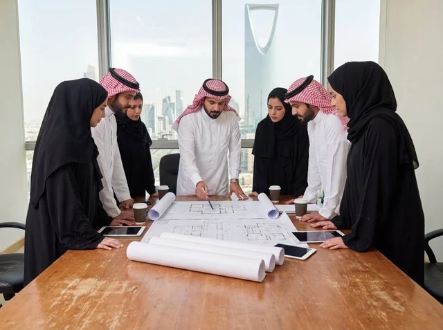 Saudi Professionals Reviewing Blueprints in Riyadh Office