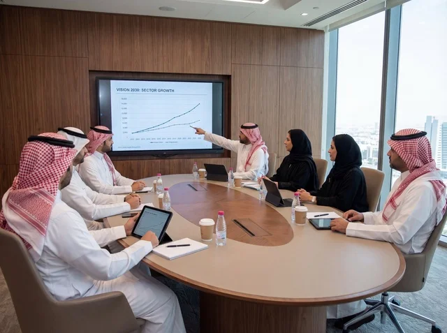 Saudi Business Team Meeting in Modern Office Boardroom