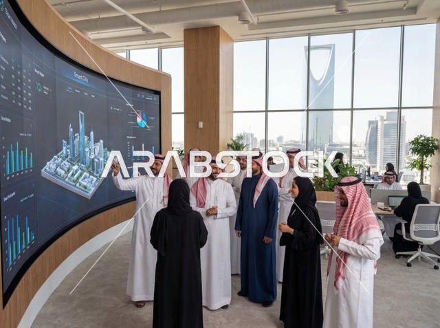 فريق عمل سعودي في مكتب بالرياض مع برج المملكة